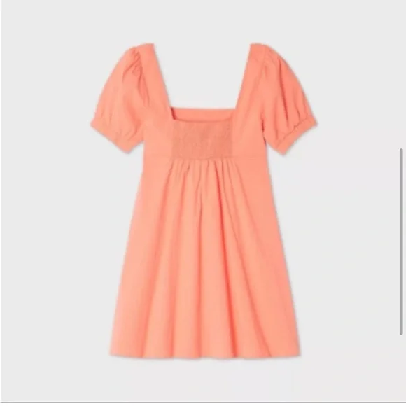 Wild Fable Peach Babydoll Puff Sleeve Dress Smocked Back Cottagecore Summer - Picture 3 of 8